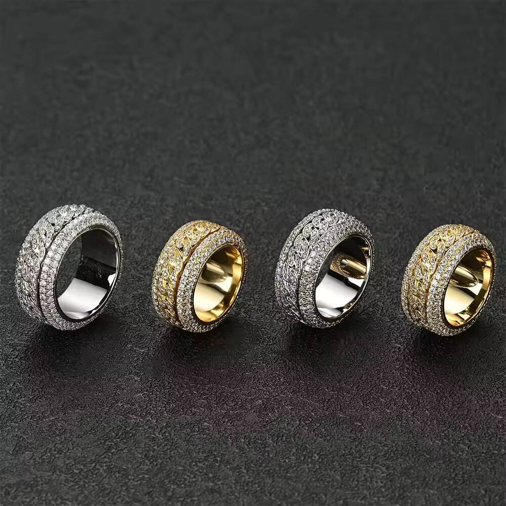 Rotatable Iced Out Spinning Cuban Link Ring Men Women 925 Sterling Silver VVS Moissanite Bling Ring Luxury Hip Hop Promise Ring