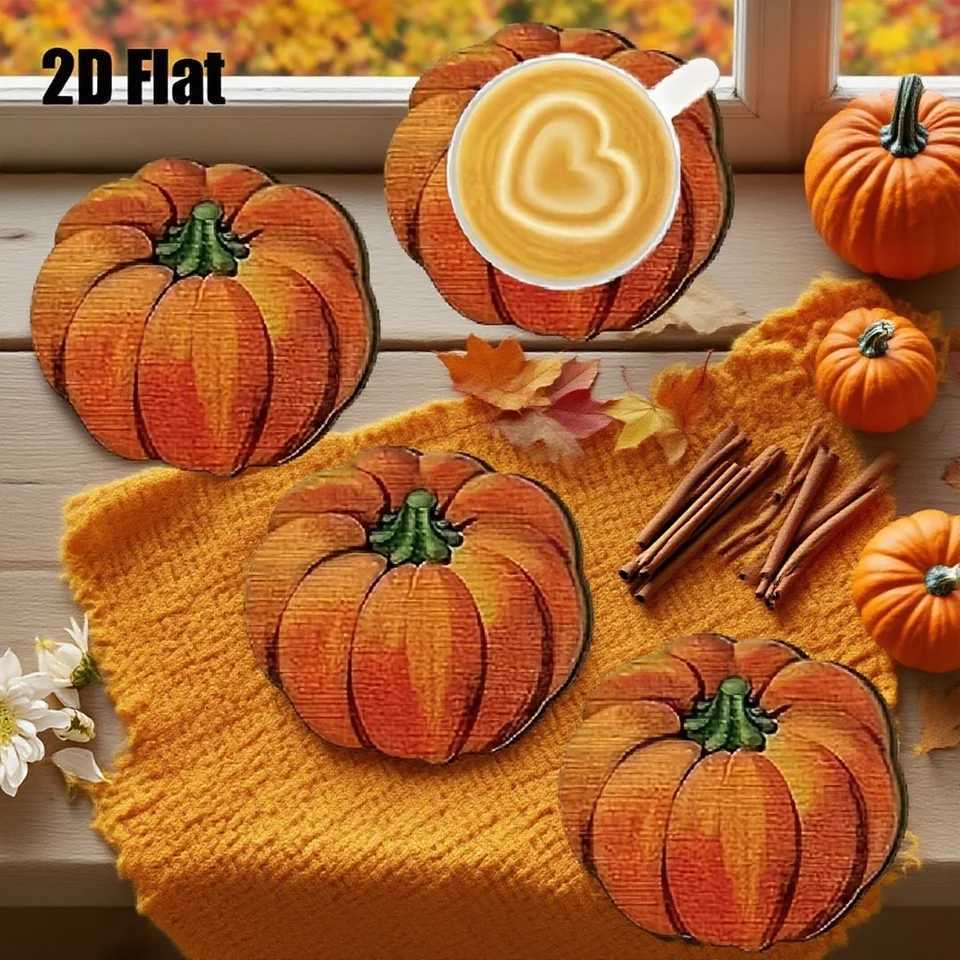 4/6pcs 2D 4in Pumpkin Shaped Wooden Coasters Colorful Print Anti-Slip Coffee Mats Kitchen Dining Room Decorative Accessories C251122
