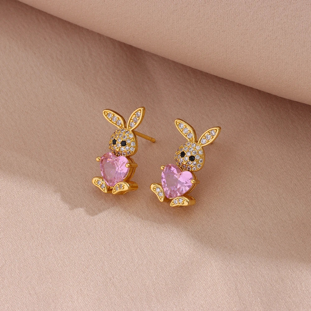316L Stainless Steel Cute Zircon Rabbit Necklaces Earrings For Women Trendy Female Jewelry Set Girls Fashion Clavicle Chain 251114