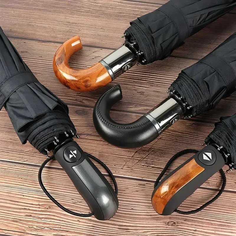 British Leather Handle Umbrella Men Automatic Business 10Ribs Strong Windproof 3 Folding Big Umbrella Rain Woman Quality ParasolM251122
