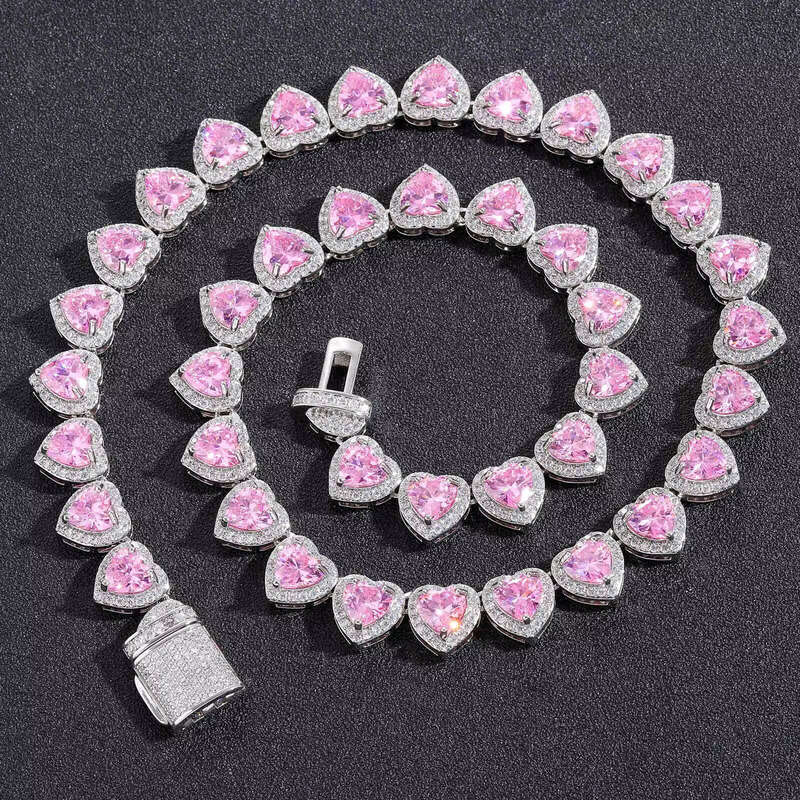 High Quality 10mm Ice Powder Heart Tennis Chain Necklace Boutique Jewelry Shiny Pink moissanite Hip Hop Style