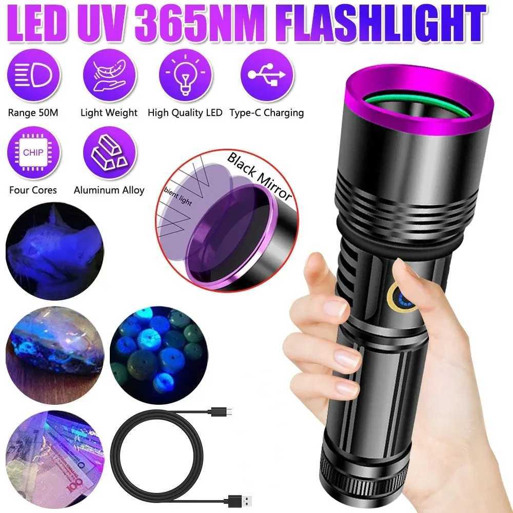 20W 365nm LED Flashlight Black Mirror UV Light USB Rechargeable Ultraviolet Lamp for Pet Urine Detection And Resin Curing C251122