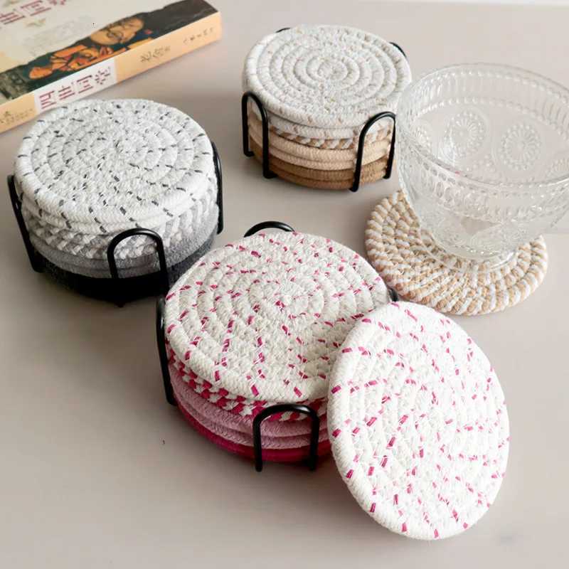 8Pcs Cup Coasters for Drinks Absorbent Woven Coaster Set with Holder Farmhouse Cloth Fabric Cup Coasters for Coffee Tea C251122