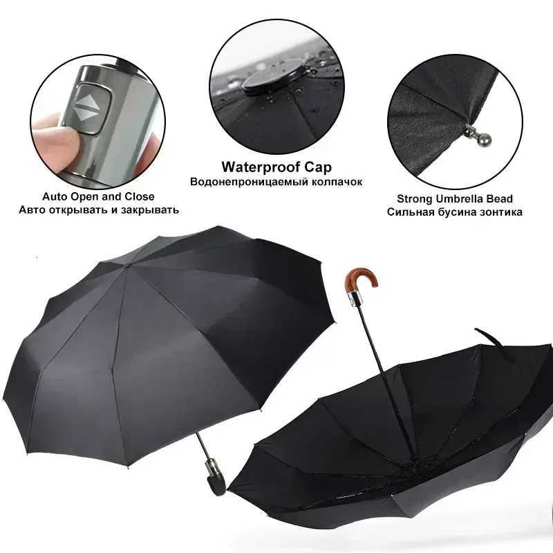 British Leather Handle Umbrella Men Automatic Business 10Ribs Strong Windproof 3 Folding Big Umbrella Rain Woman Quality ParasolM251122