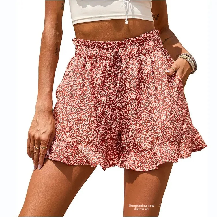 Summer Womens Shorts with High Waist Ruffle Edges Flower Print Pocket Casual Polyester Knitted Cotton Fabric 250414Z