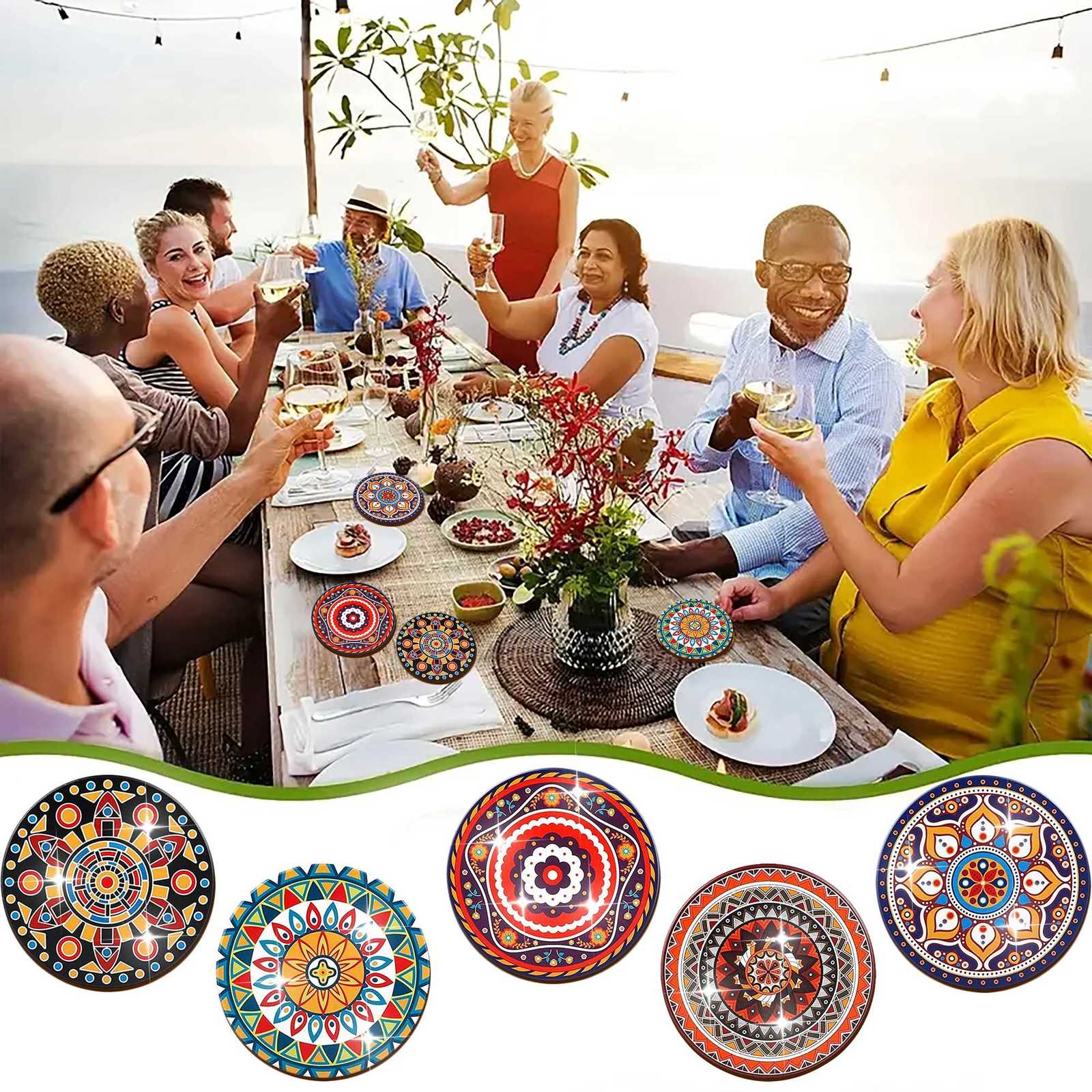 8 pieces/set of mandala patterned wooden anti-slip coasters suitable for home office and living room decoration C251122