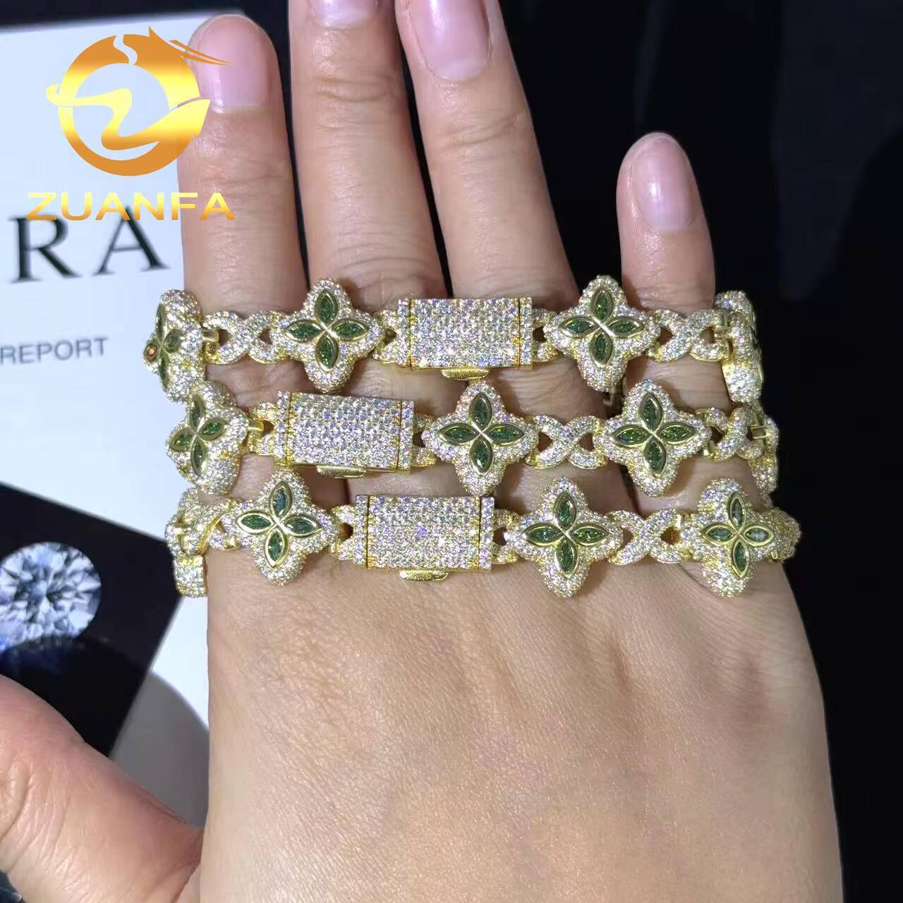 Emerald Green Moissanite 15mm Marquise Flower Hip Hop Jewelry Iced Out Bracelet 925 Silver Moissanite Diamond Bracelet