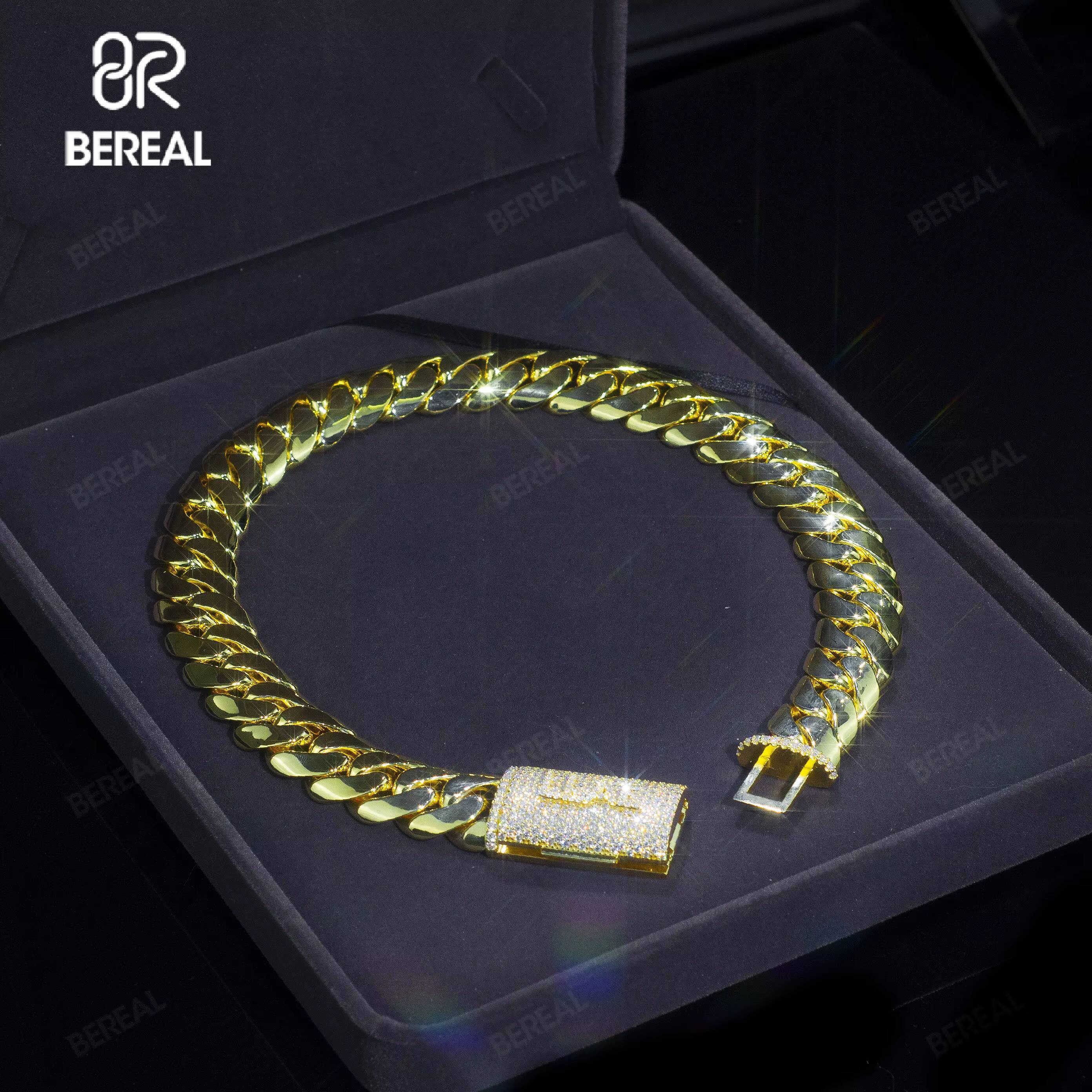 Factory Direat Gold Plated Moissanite Miami Cuban Chain Bracelet Iced Out Round Brilliant Cut 925 Silver Hip Hop Link Chain