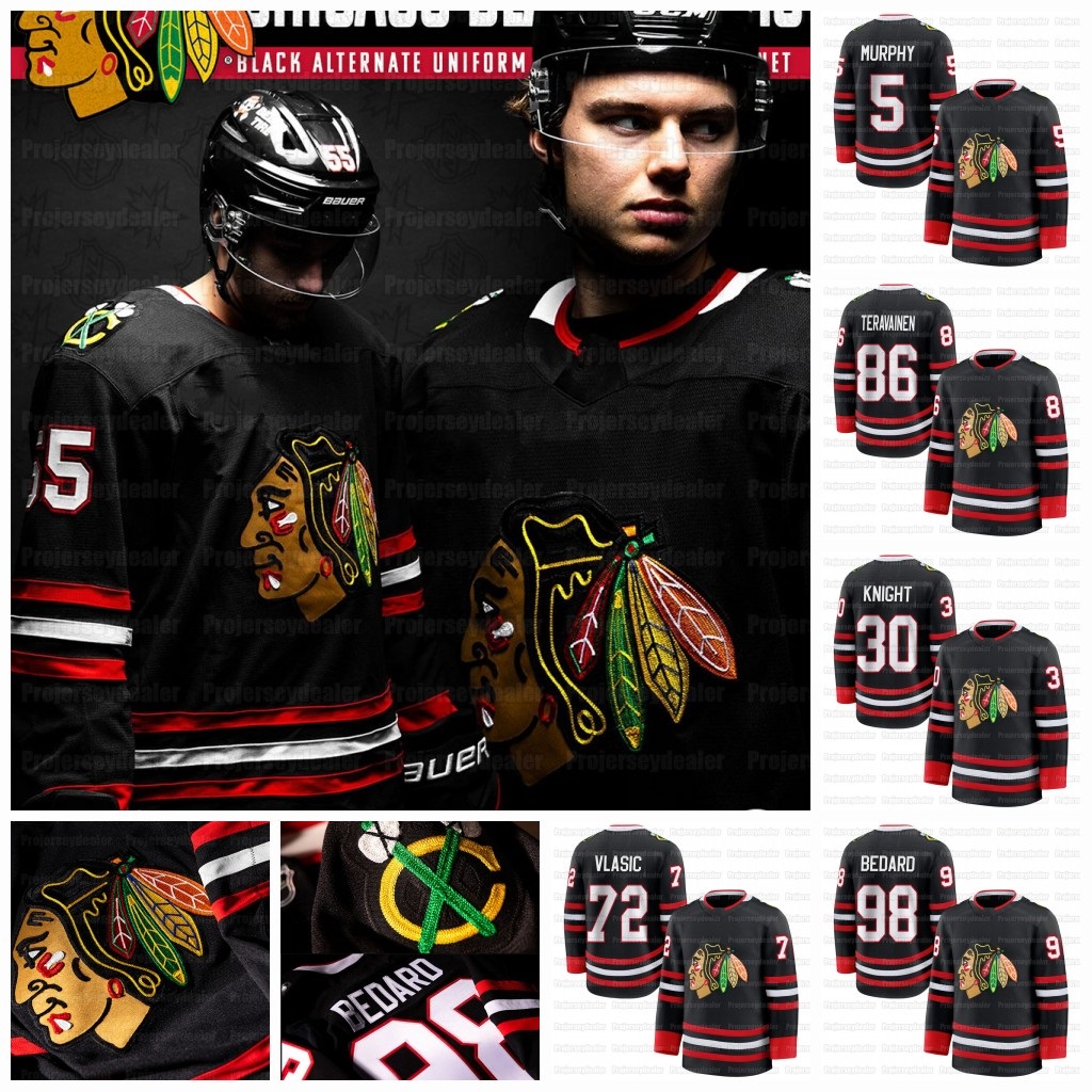 Blackhawkss 98 Bedard 2025 26 Black 100th Jerseys Alex Vlasic Teuvo Teravainen Louis Crevier Spencer Knight Nick Foligno Bertuzzi Maroon Athanasiou Custom