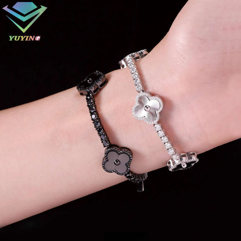 Lucky Four-Leaf 3mm S Sier Gold/Black Plated VVS Silicon Stone Clover Tennis Bracelet