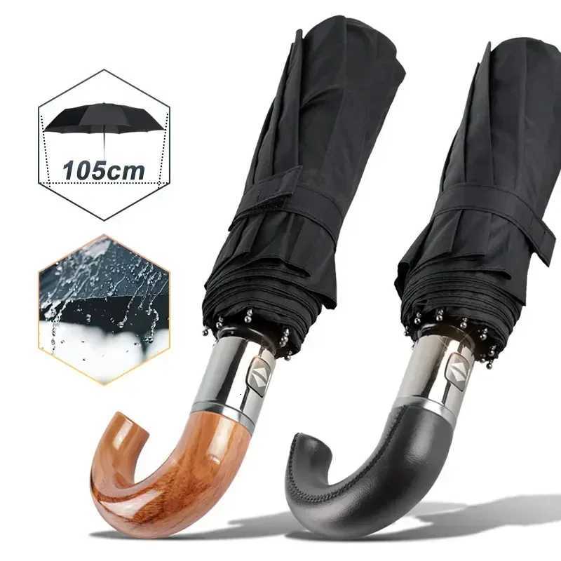 British Leather Handle Umbrella Men Automatic Business 10Ribs Strong Windproof 3 Folding Big Umbrella Rain Woman Quality ParasolM251122