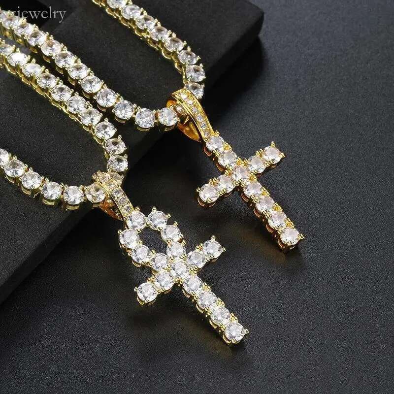 Hip Hop Iced Out Tennis Cross Necklace For Men Steampunk Gold Plated CZ Chain On Neck Design Jewelry S-OHP003Pendant Necklaces