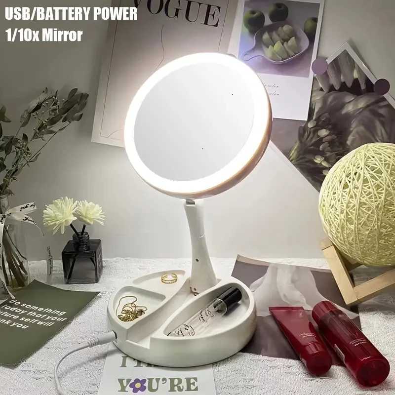 Double-Sided Travel LED Makeup Mirror with 10X Magnification Folding Portable Cosmetic Mirror with Lights Dual Powered Supply M251122