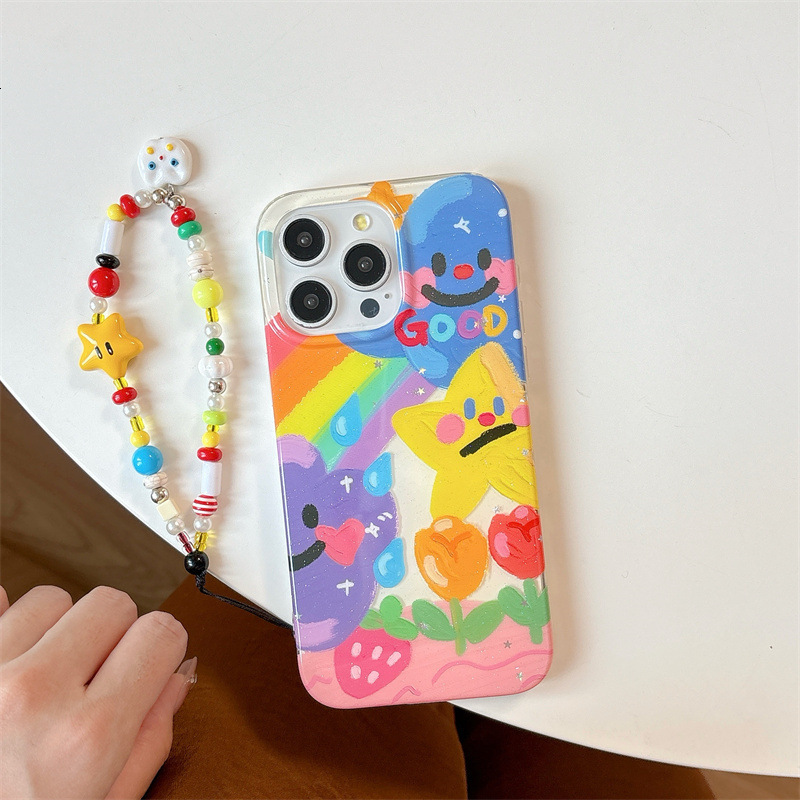 Gradient Moon Smiley Star Phone Case Compatible iPhone 16/15 Pro Max/ with Handheld Chain iPhone 14/13