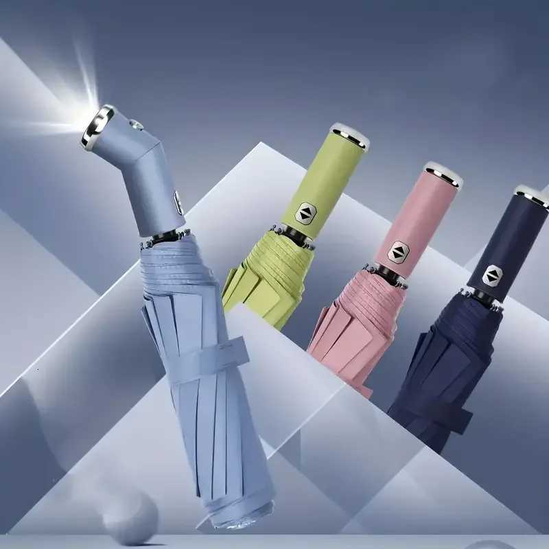 10 bone fully automatic three fold umbrella rotatable LED flashlight business wind resistant folding umbrella sunny umbrellaM251122
