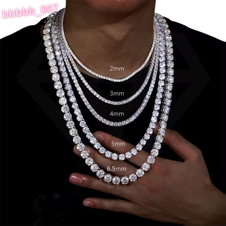 Custom Hiphop VVS Moissanite Tennis Chain 2mm 3mm 4mm 5mm 6.5mm S925 Sterling Silver Moisannite Diamond Necklace