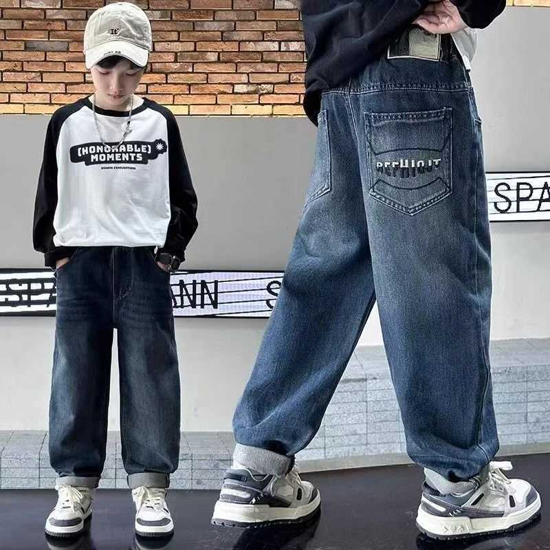 Teen Boys Jeans Spring Autumn Winter Insulated Kids Denim Trousers Children Baggy Pants Elastic Waist Blue Fashion Thermal JeansT251122