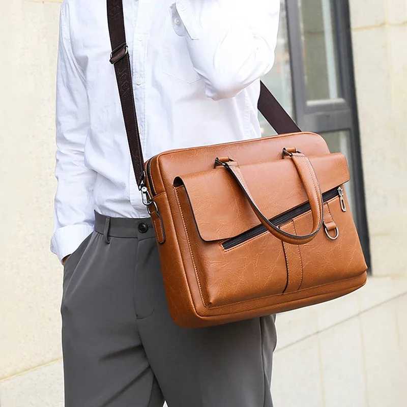 Mens briefcase PU leather handbag computer laptop document shoulder business messenger handbag cross body side bag WT136 Z250421
