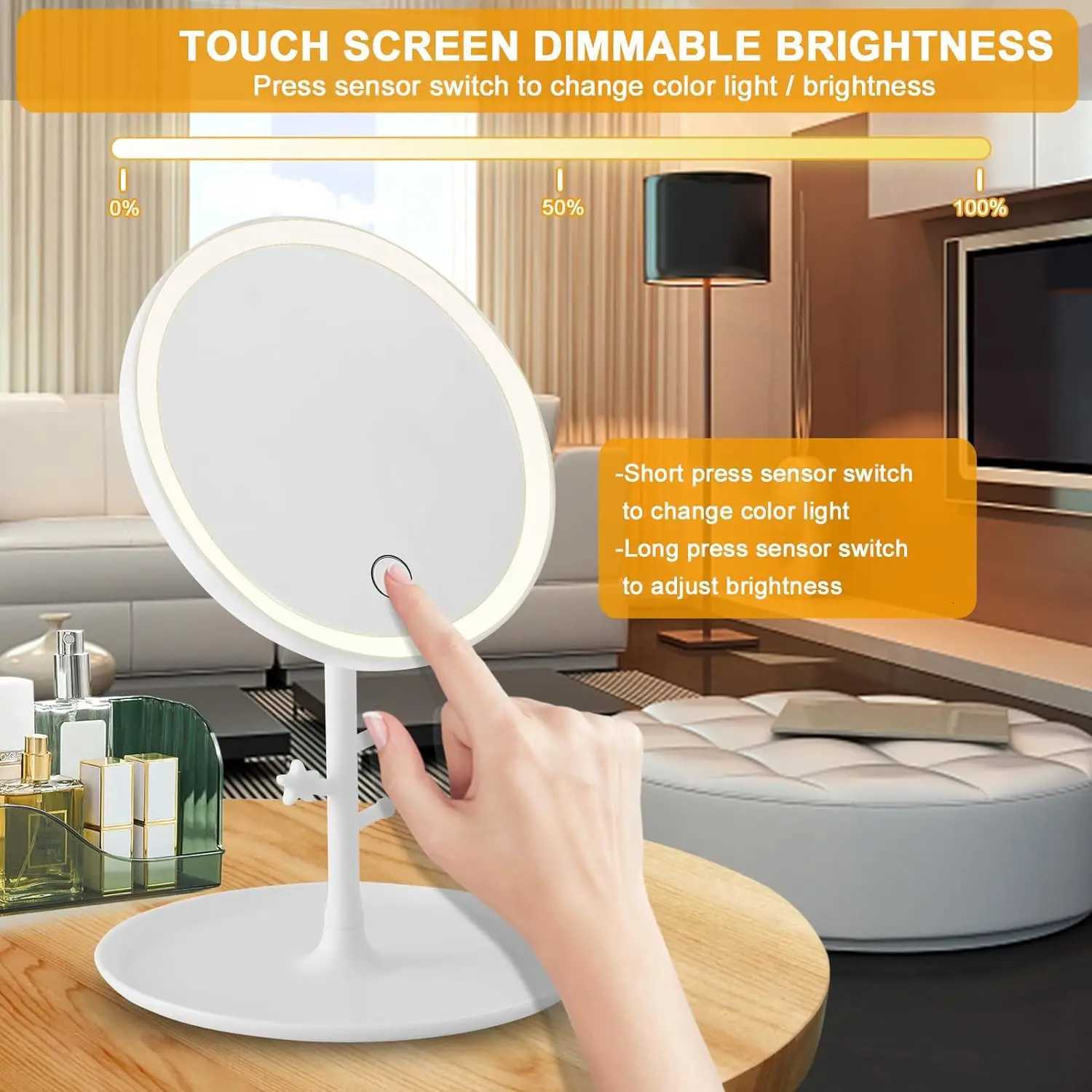 LED Makeup Mirror 3 Colors Dimmable Touch Rechargeable Stepless Dimming Vanity Mirror Detachable Travel Portable Makeup Supplies M251122