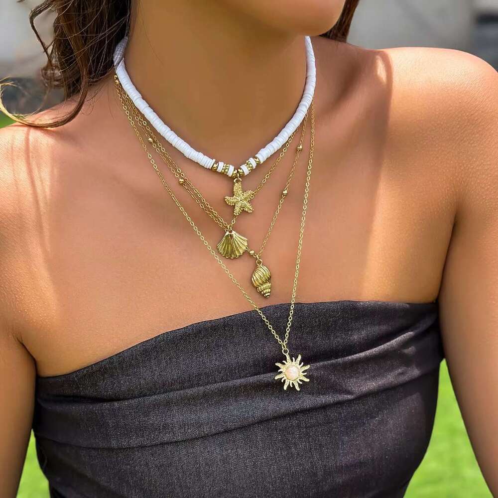 DHCollections Summer Beach Sea Wind Shell Conch Fringe Multi-Layer Polymer Clay Glass Seed Bead Natural Stone Necklace Jewelry for Women