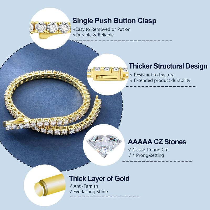 3mm 4mm Classic Elegant Jewelry Gift 14k Gold Plated Round Cut moissanite AAAAA CZ Iced Tennis Bracelet for Women and Men