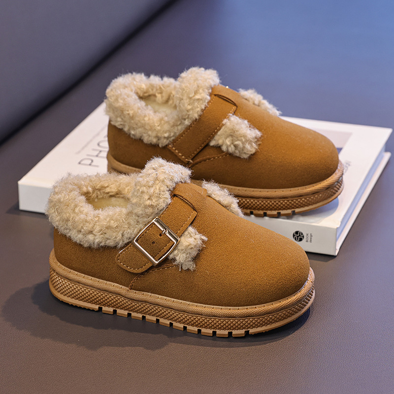 New designer shoes Autumn Winter New Belt Buckle Flat Fur Boots Snow Boots Unisex Slip On Round Toe Cotton Shoes Women Trendy