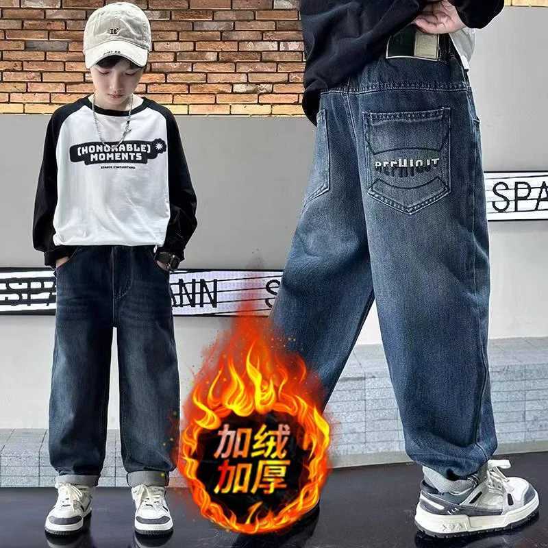 Teen Boys Jeans Spring Autumn Winter Insulated Kids Denim Trousers Children Baggy Pants Elastic Waist Blue Fashion Thermal JeansT251122