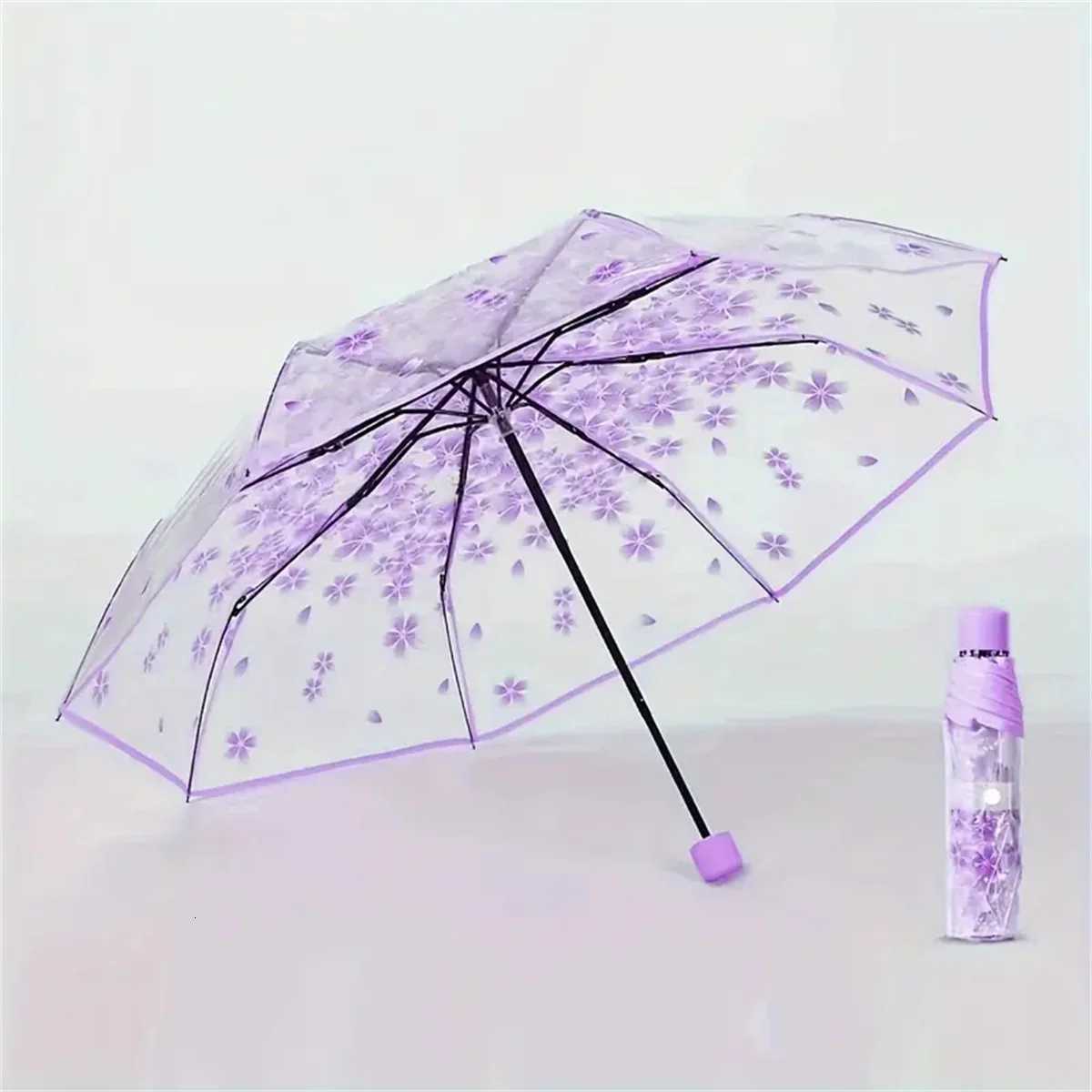 Korean Umbrella Cute Mini Fresh and Three-Fold Japanese Cherry Blossom Transparent Umbrella Rainproof and WindproofM251122