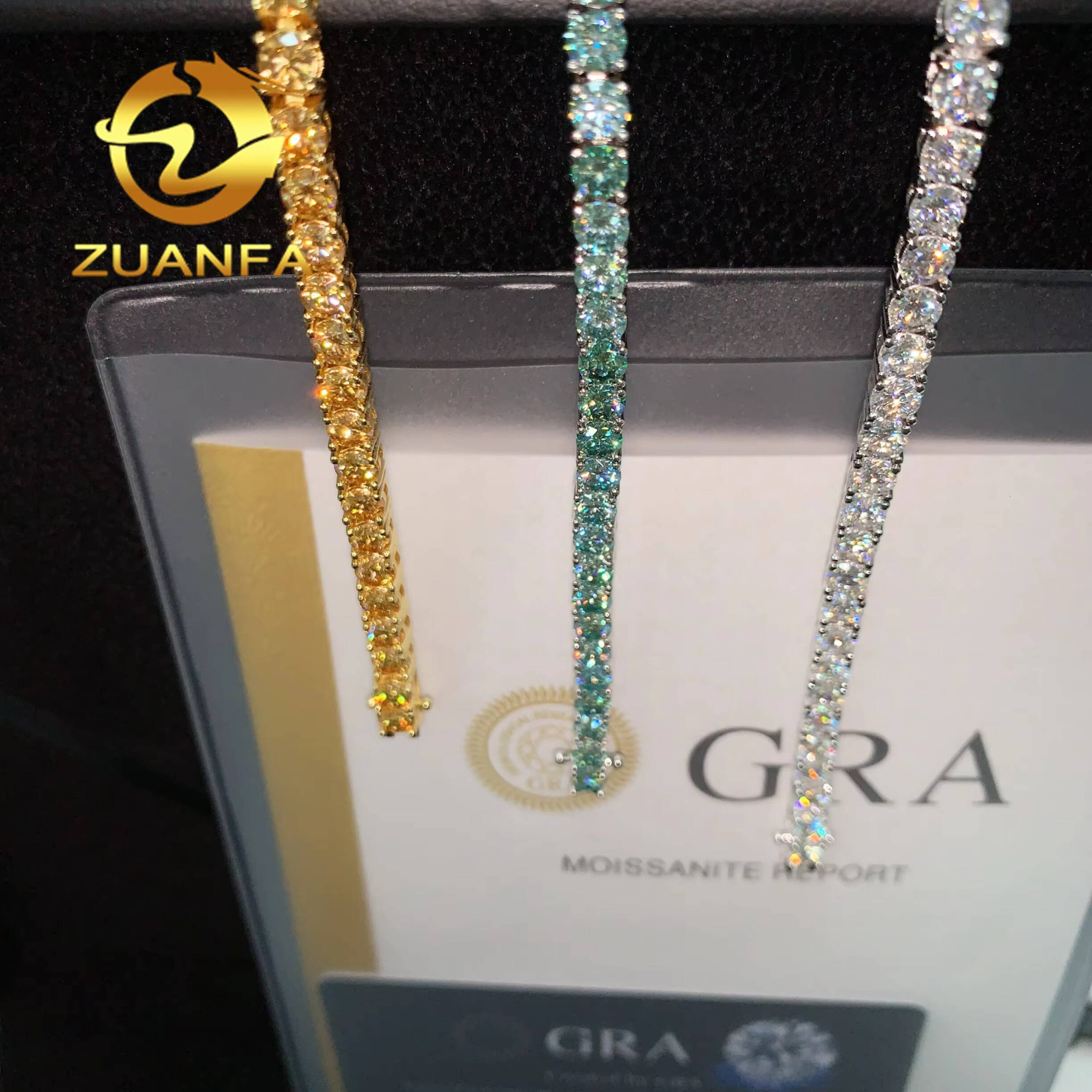 Ready Stocks Yellow Moissanite Blue Green Color Moissanite Tennis Chain Necklace 3mm 4mm Silver Iced Out Hip Hop Jewelry