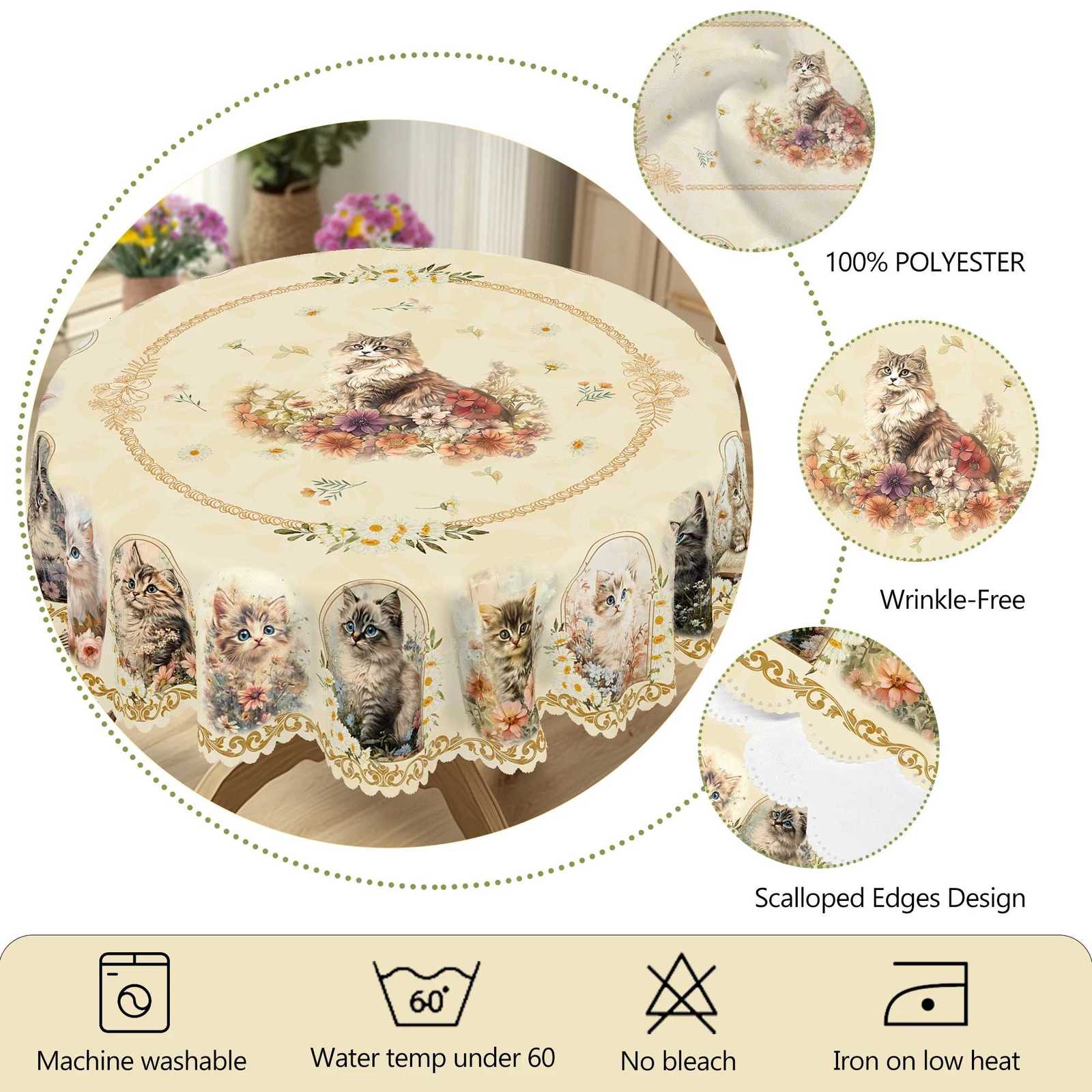 1 Piece of Spring Golden Retro Cat Print Round Tablecloth Cute Cat Flower Pattern Rectangular Decorative Tablecloth Party Decoration Home Kitchen C251