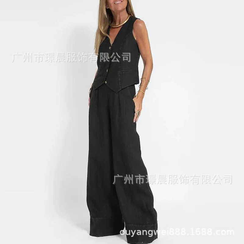 Spring and summer set womens cotton linen wide leg set sleeveless vest pants 2025 casual fashion setXJ250421