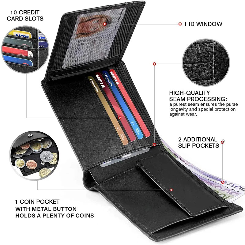Leather mens ultra-thin RFID clip coin pocket ID window minimalist wallet Z250411
