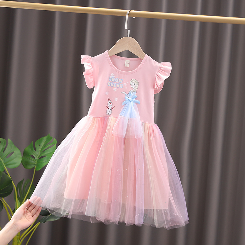 DISNEY infant designer clothes summer clothes Frozen dress for girls Summer children's skirt Puff-sleeve princess Elsa Skirt Netting Princess Dre