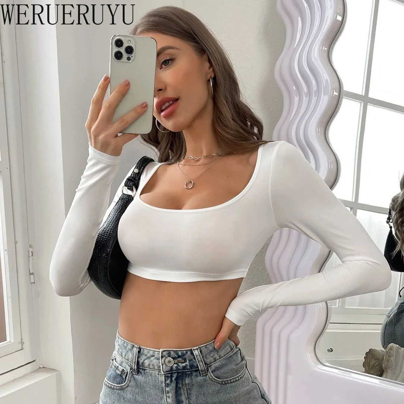 White long sleeved sexy crop top womens Y2k dress summer autumn tight corset knitted elastic sports short sleeved womens T-shirt M250422