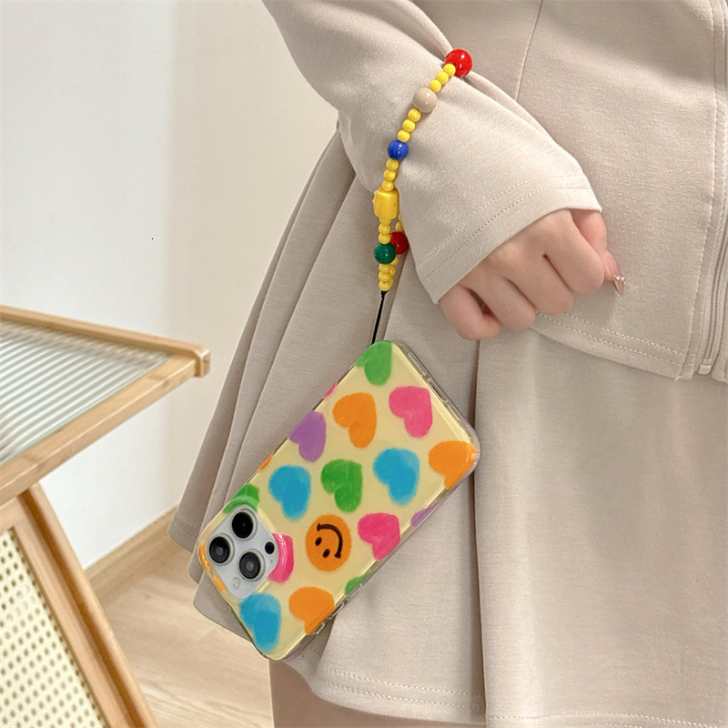 Ins Style Colorful Heart Smiley Face Compatible with iPhone 16/15 Pro Max Phone Case Handheld Chain
