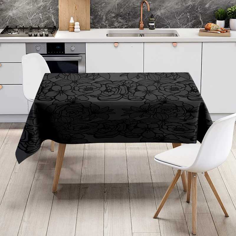 Modern Floral Tablecloth with Black Decorative Print Suitable for Dining Tables in a Contemporary Home Setting C251122