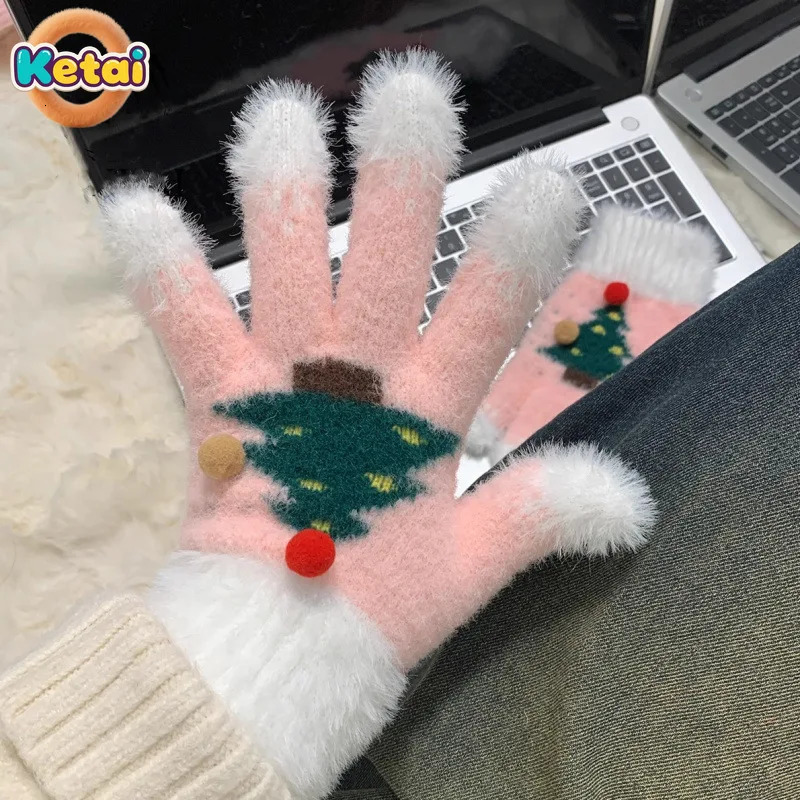 Snowflake Christmas Tree Gloves for Women in Winter with Exposed Fingers Touch Screen Fluffy Fur Students To Ride Bicycles 251114