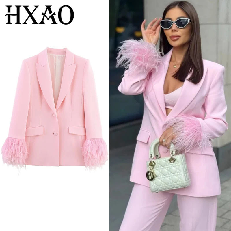 HXAO Womens Suit Pink Feather Blazer Woman Autumn Elegant Woman Blazer Long Sleeve Fitted Jacket Chic And Elegant Blazers 251121