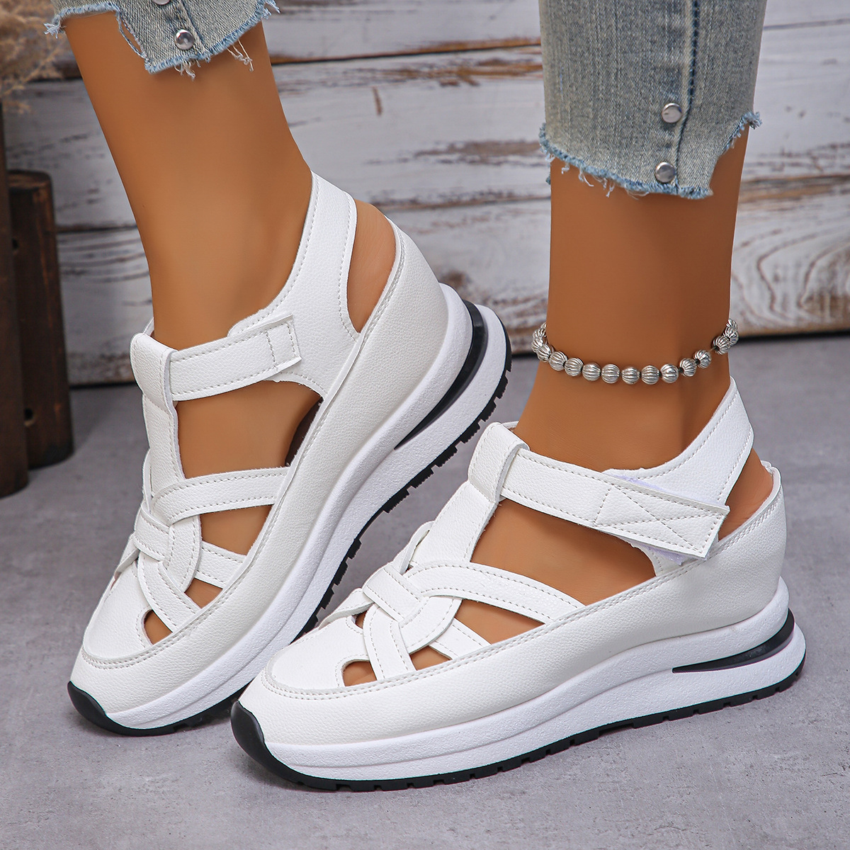 New Women Fashion Sandals Hollow-Out Wedge Platform Heel Round Toe Rubber Sole Casual Sports Shoes