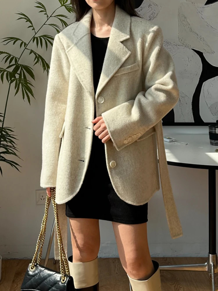 Autumn Winter Casual Doublesided Wool Coat Short Female Fashion Loose Mulberry Silk Woolen Lapel Laceup Warm Women 251112