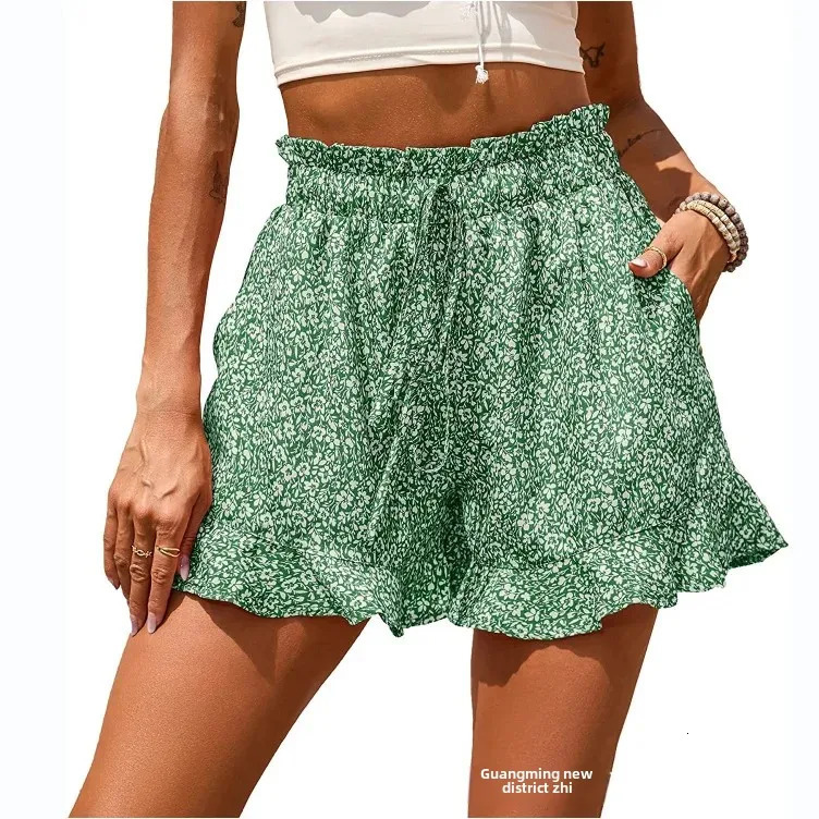 Summer Womens Shorts with High Waist Ruffle Edges Flower Print Pocket Casual Polyester Knitted Cotton Fabric 250414Z