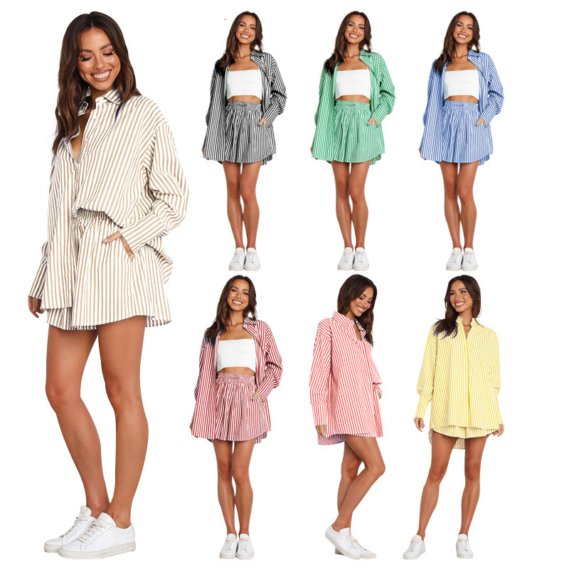 Women Tracksuits Two Pieces Set Spring Summer Temperament Commuter Casual Pants Set Fashion Shirt Stripe Long Sleeve Split Sportwear