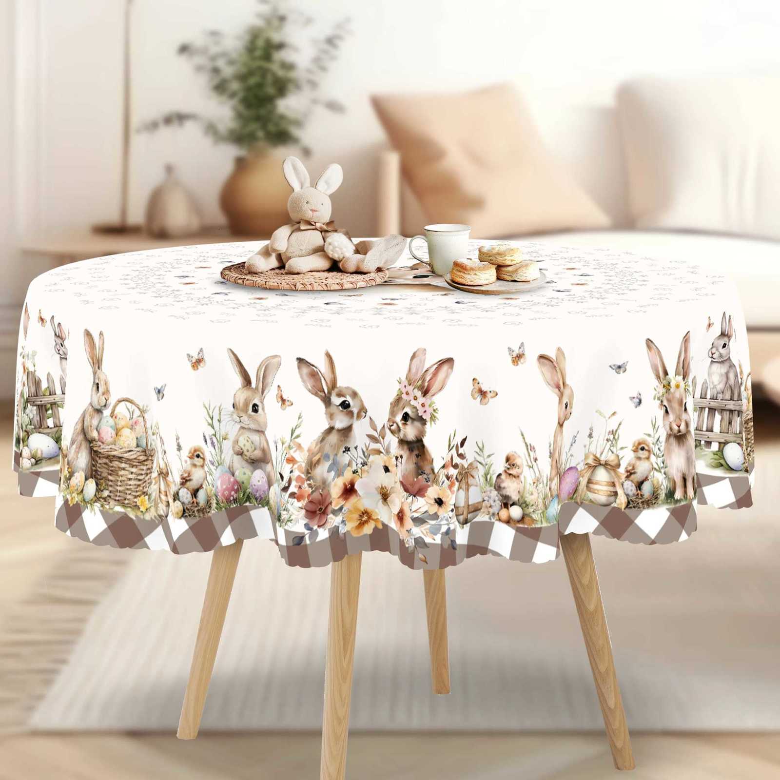 Cute Easter Themed Grey Rabbit Tablecloth - 1pc Spring Floral Print with Embossed Edge Spring Outdoor Garden C251122