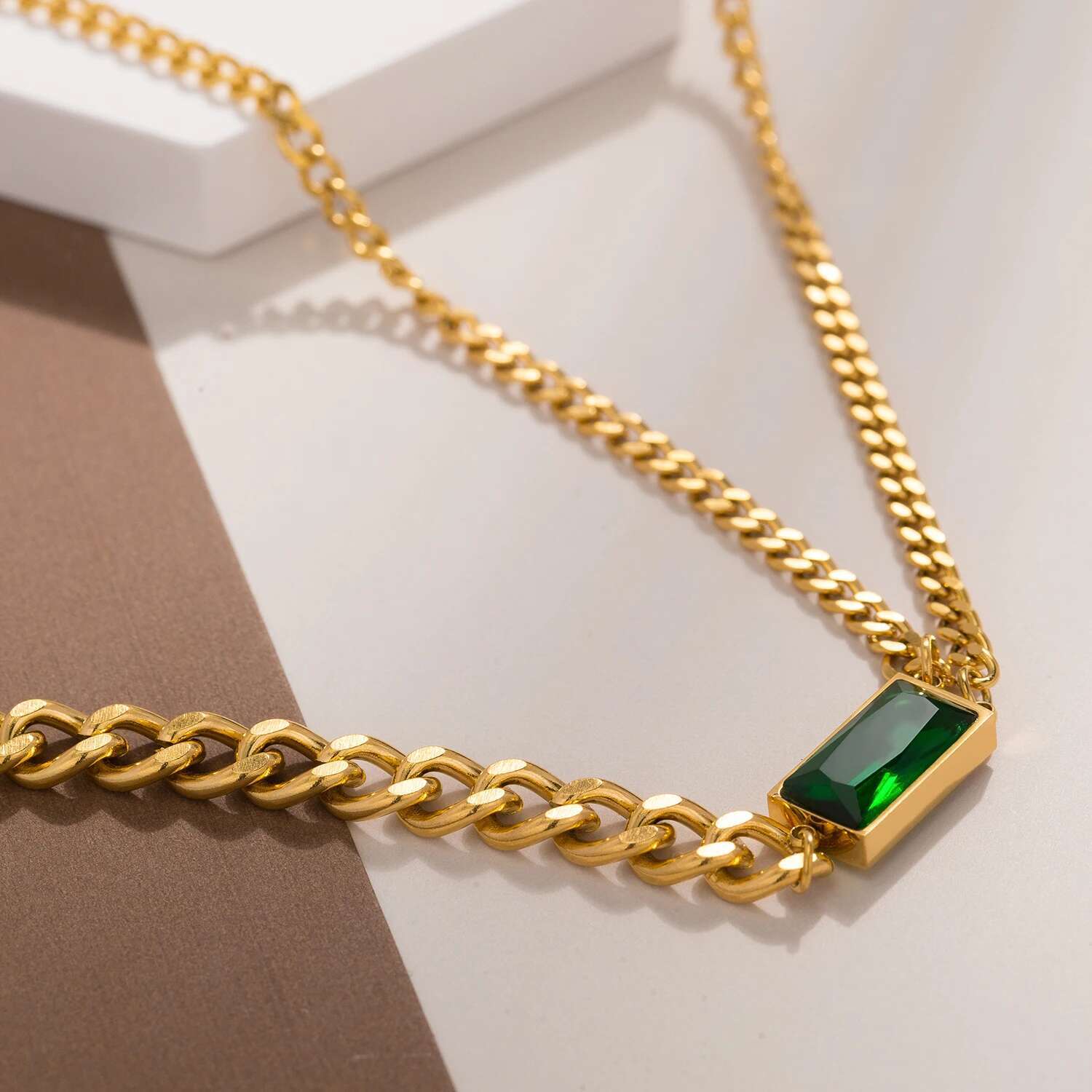 Classic Emerald Asymmetric Chain Women Stainless Steel Necklace for Daily Wear Jewelry