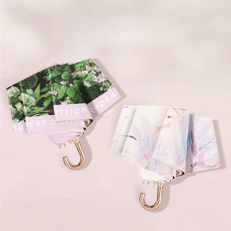 French Oil Painting Small Gold Hook Parasol Anti-ultraviolet Female Fair or Rain Umbrella Sun Umbrella Small and PortableM251122