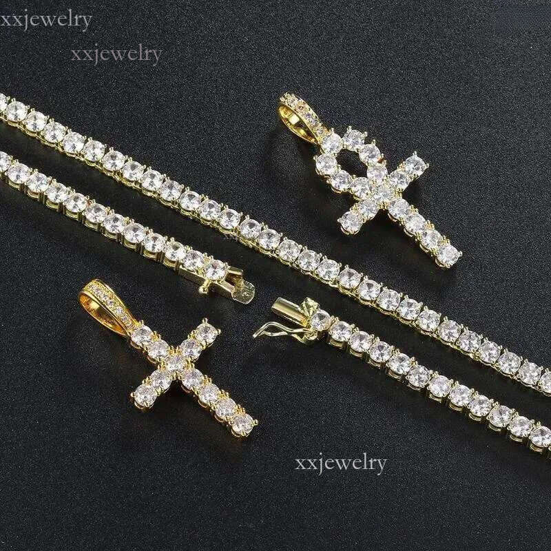 Hip Hop Iced Out Tennis Cross Necklace For Men Steampunk Gold Plated CZ Chain On Neck Design Jewelry S-OHP003Pendant Necklaces