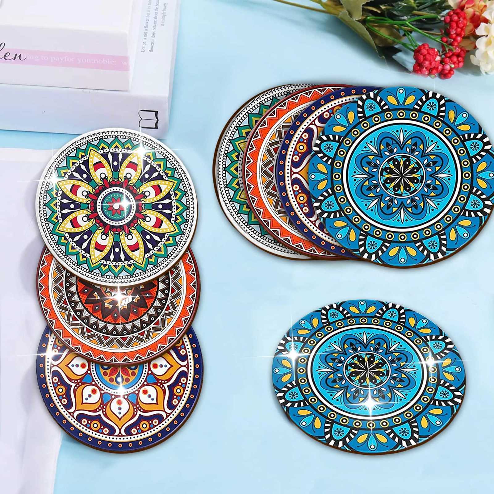 8 pieces/set of mandala patterned wooden anti-slip coasters suitable for home office and living room decoration C251122