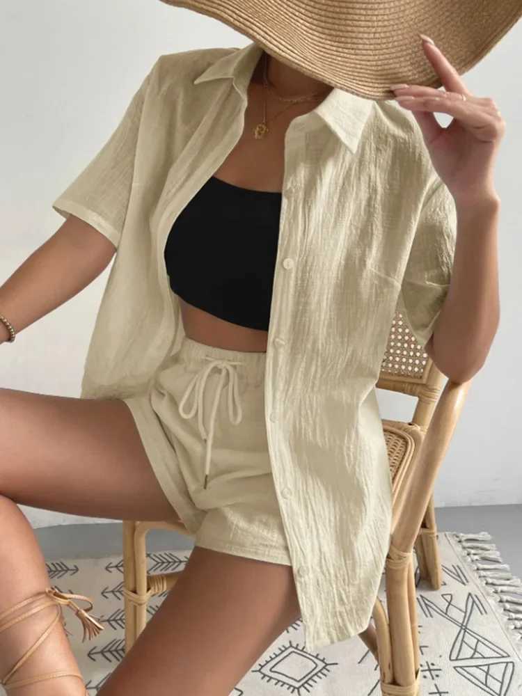 Cotton and linen two-piece womens summer casual jogging shirt top vacation shorts set beach setXJ250421