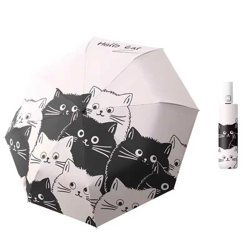 Black and white cat auto umbrella for sun and rain cute portable sunshade with UV protection black rubber folding sun umbrellaM251122