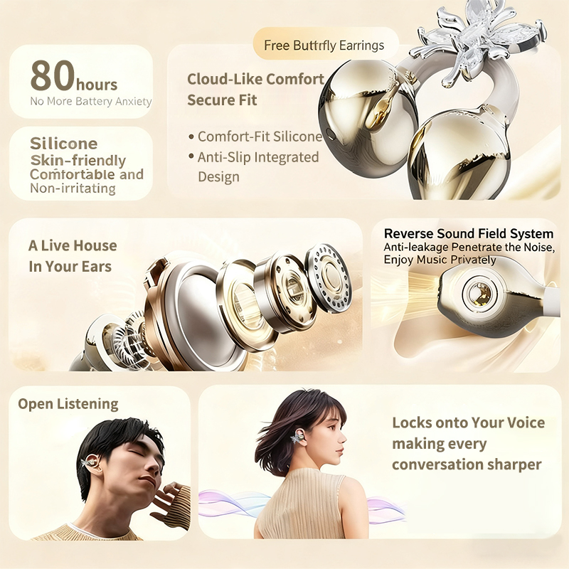 HiFi Stero Earphone Wireless Earbuds Clip Design with Ladies Diamond Buckle Earhook In-Ear Bluetooth TWS ENC